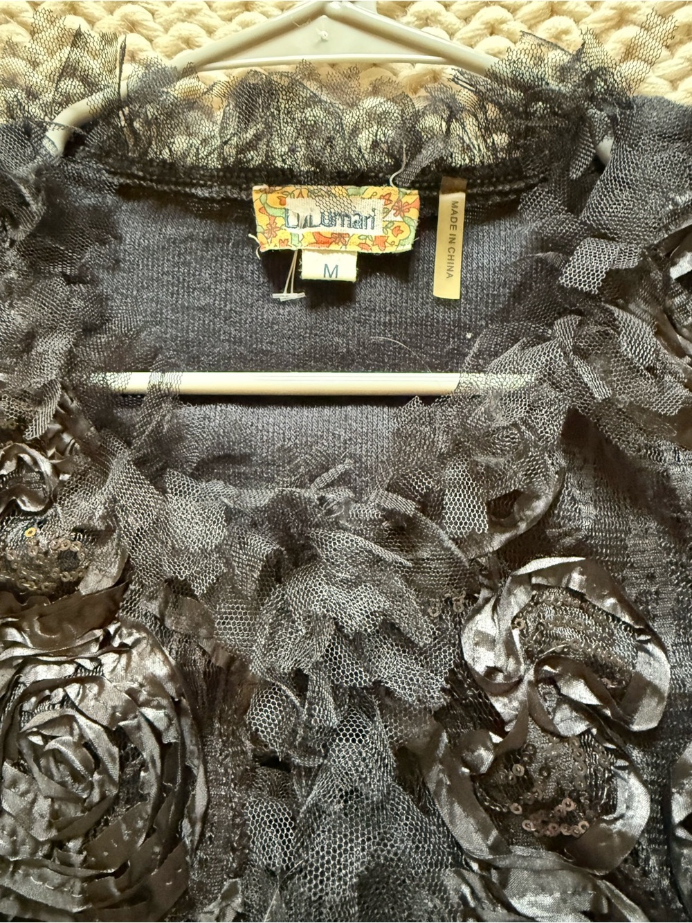 Lulumari Black Rosette Appliqué Lace Sequin Cardigan Sweater whimsigoth Size M - Picture 2 of 6